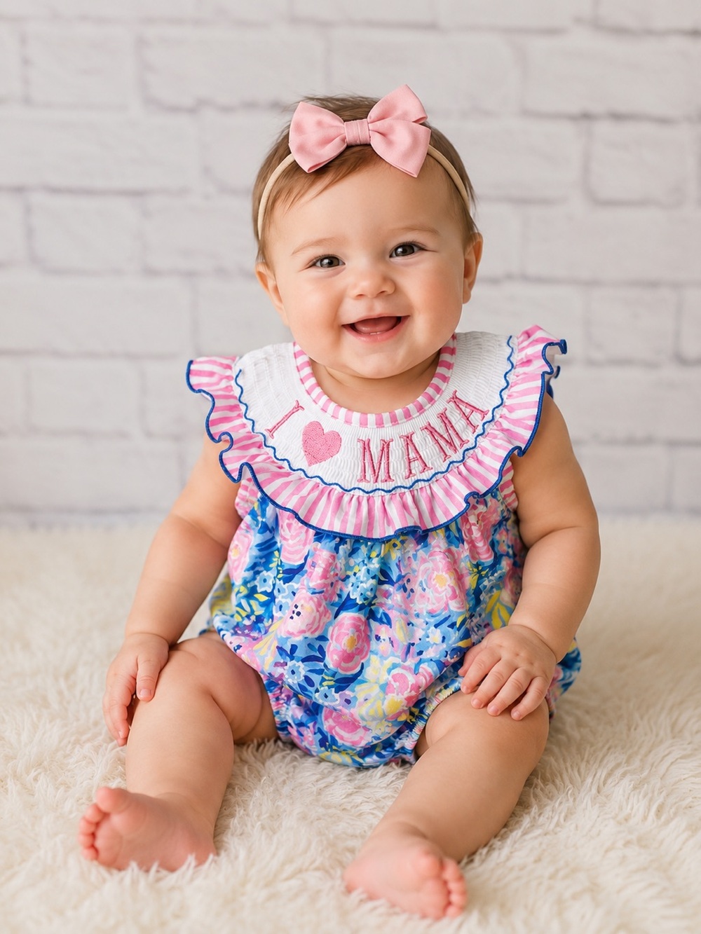 Floral I love Mama Marie Nicole  Ruffle Baby Romper in Blue and Pink